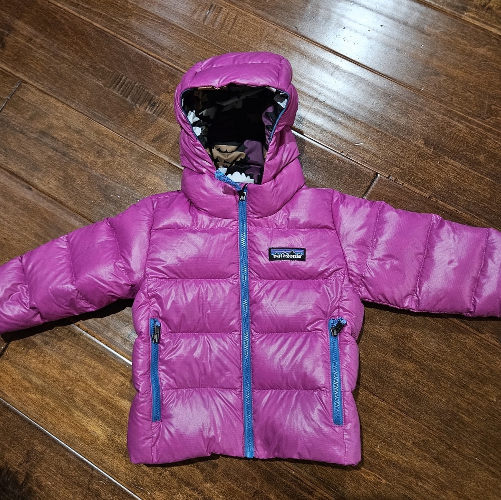 Patagonia Hi-Loft coat with hood in pink, 6-12mos